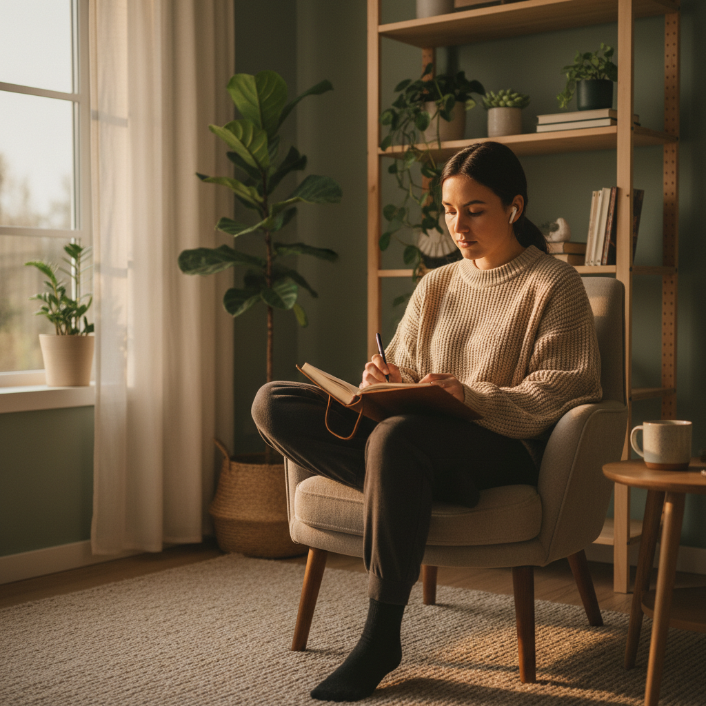 Person som skriver i notatbok ved vindu i gyllent morgenlys